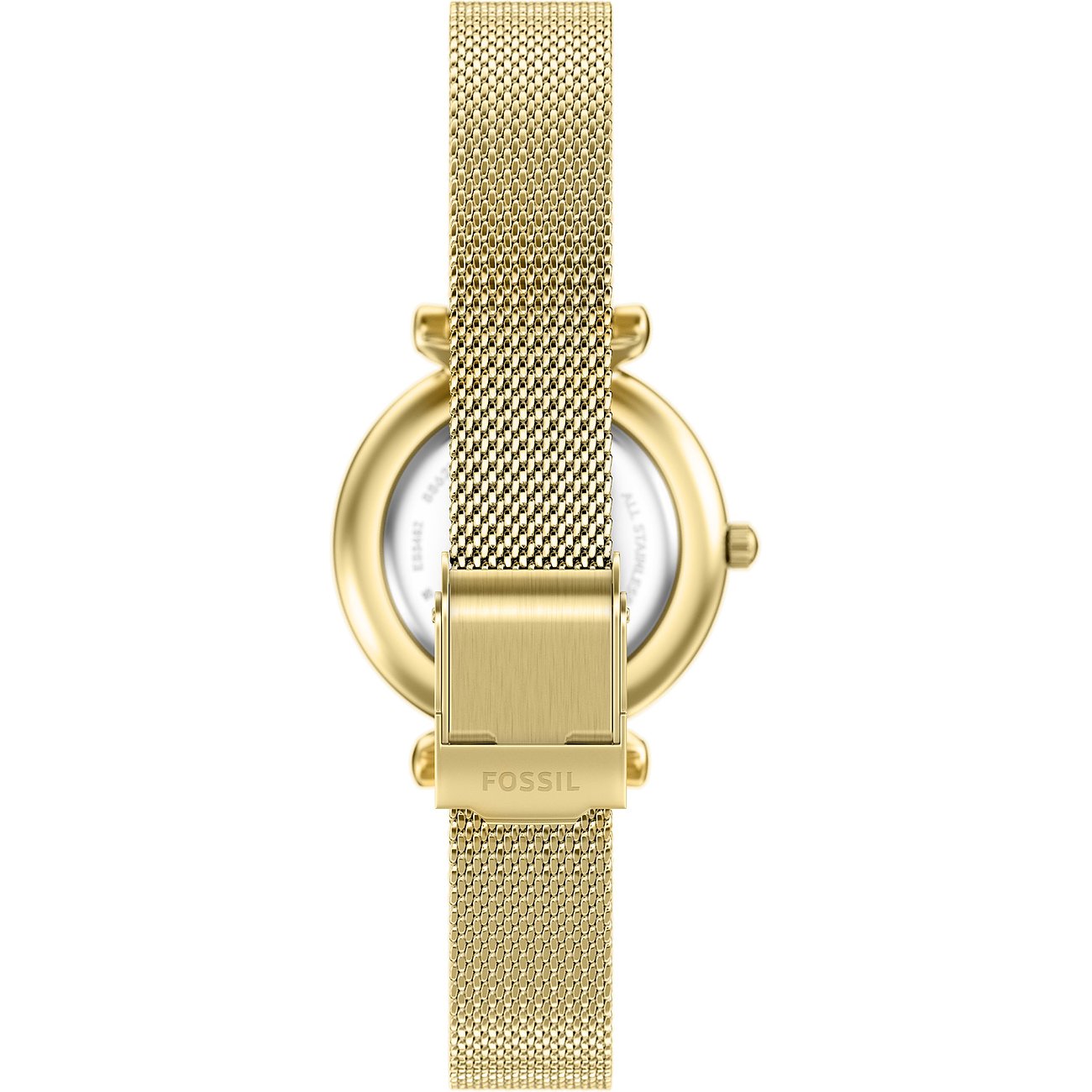 Rückansicht einer Fossil Damenuhr aus goldfarbenem Edelstahl mit Milanese-Armband und Faltschließe.