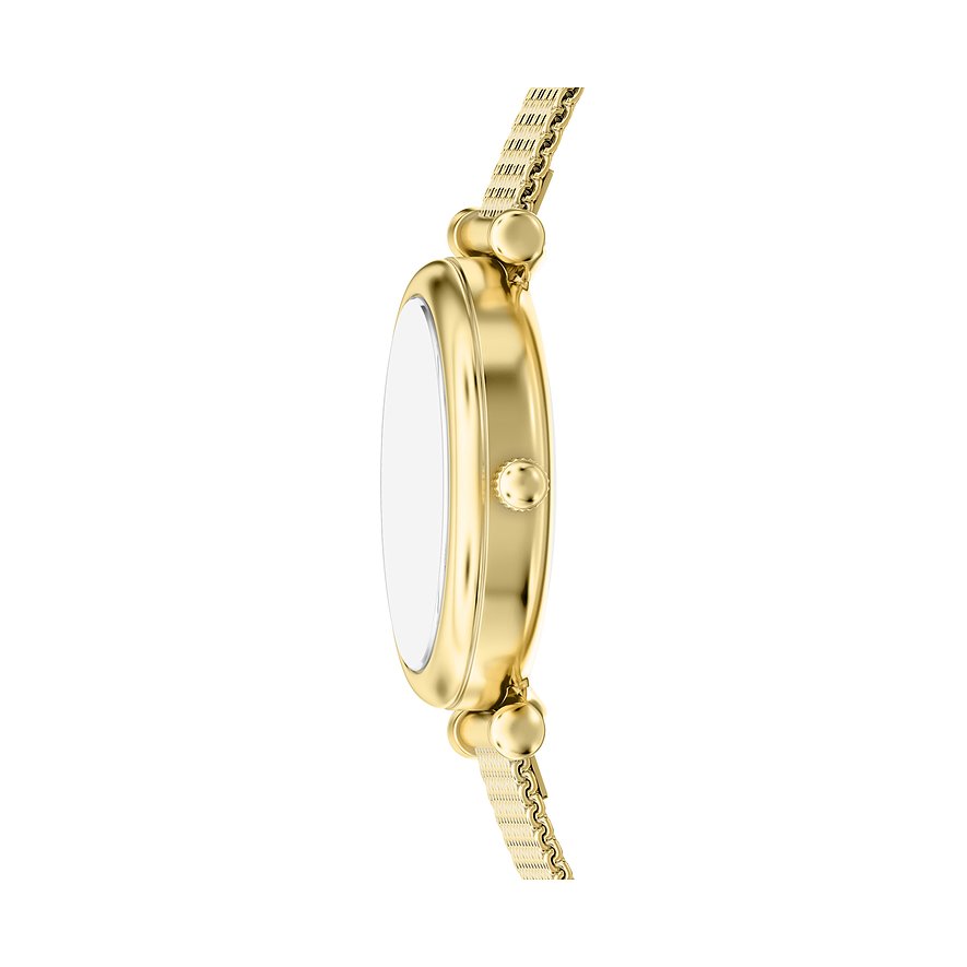 Seitenansicht einer goldenen Fossil Damenuhr aus Edelstahl mit einem metallischen Gliederarmband.