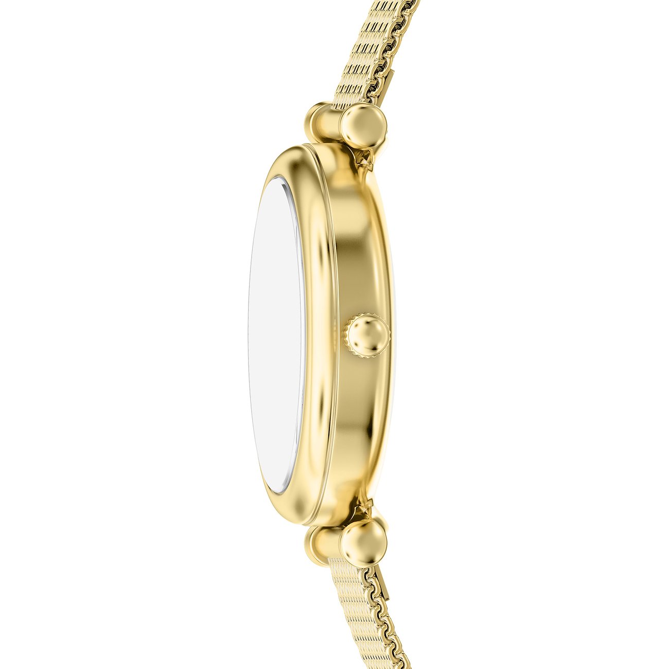 Seitenansicht einer goldenen Fossil Damenuhr aus Edelstahl mit einem metallischen Gliederarmband.