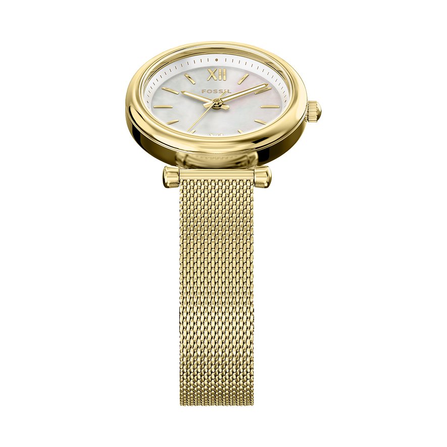 Nahaufnahme einer runden, goldenen Fossil Damenuhr aus Edelstahl mit Milanese-Armband und weißem Zifferblatt.