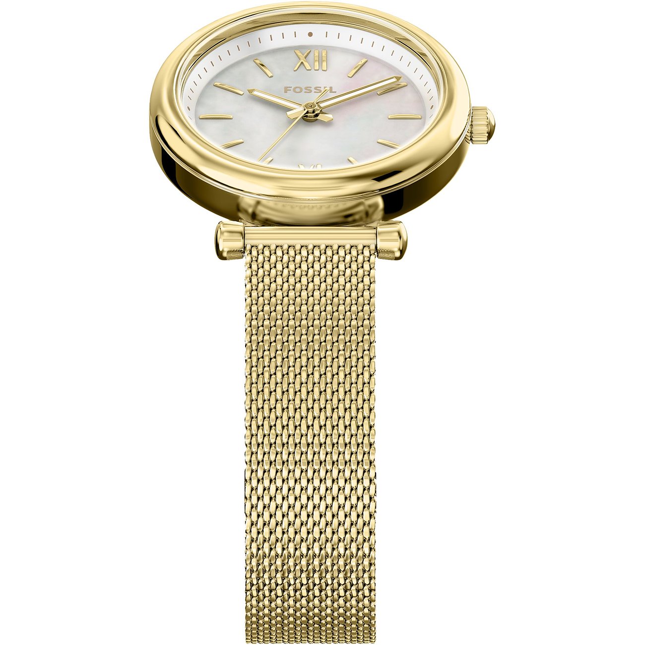 Nahaufnahme einer runden, goldenen Fossil Damenuhr aus Edelstahl mit Milanese-Armband und weißem Zifferblatt.