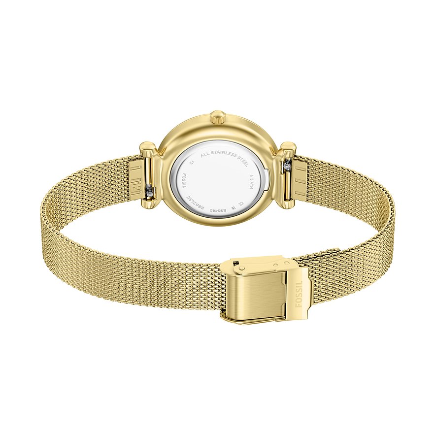 Rückansicht einer goldenen Fossil Damenuhr aus Edelstahl mit weißem Zifferblatt und geschlossenem goldenen Mesh-Armband.