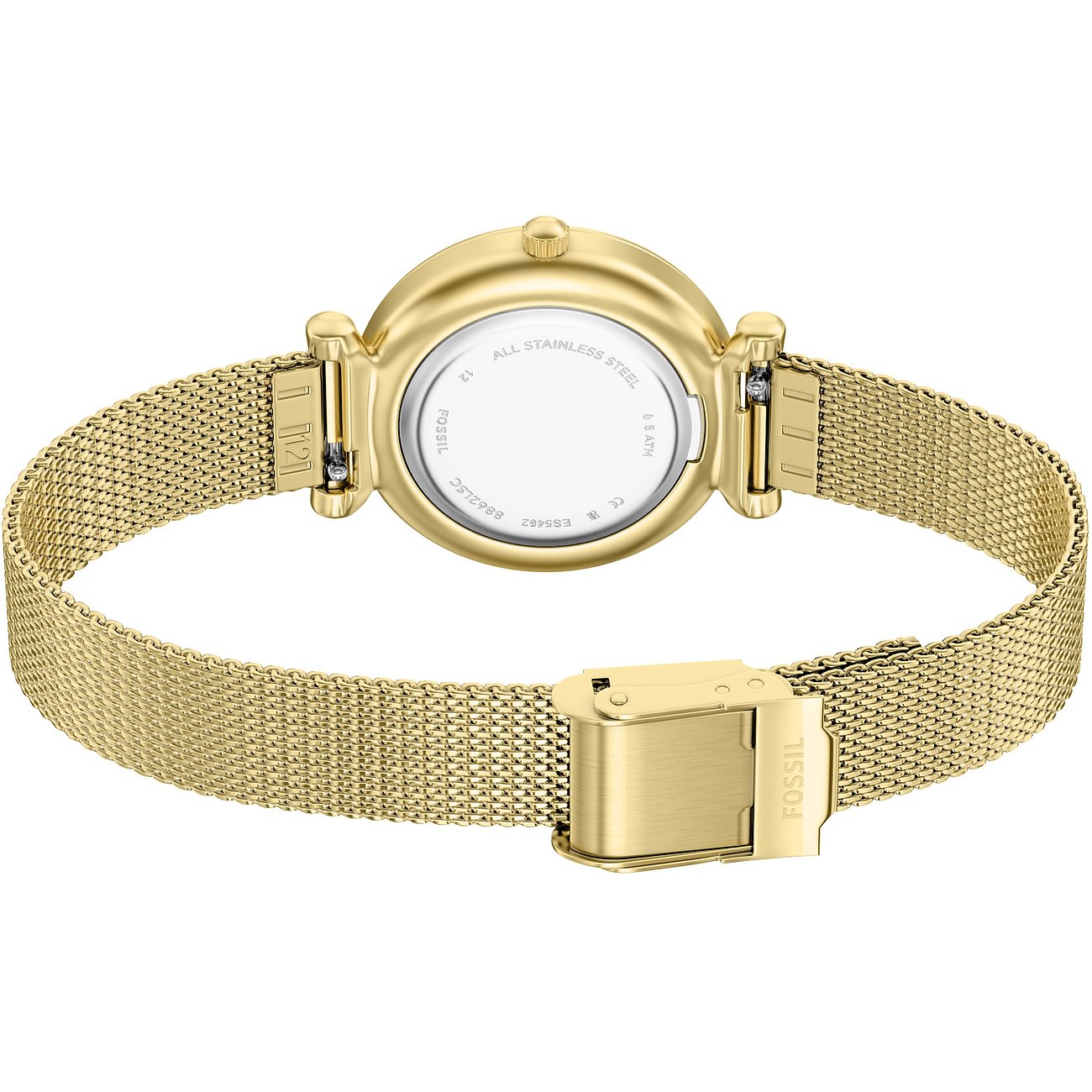 Rückansicht einer goldenen Fossil Damenuhr aus Edelstahl mit weißem Zifferblatt und geschlossenem goldenen Mesh-Armband.