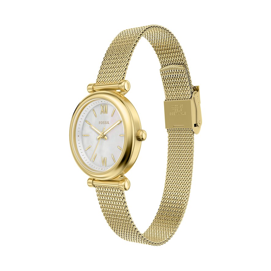 Eine goldene Fossil Damenuhr aus Edelstahl mit einem glänzenden Milanaise-Armband und weißem Zifferblatt.