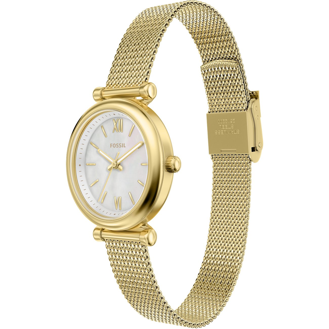 Eine goldene Fossil Damenuhr aus Edelstahl mit einem glänzenden Milanaise-Armband und weißem Zifferblatt.
