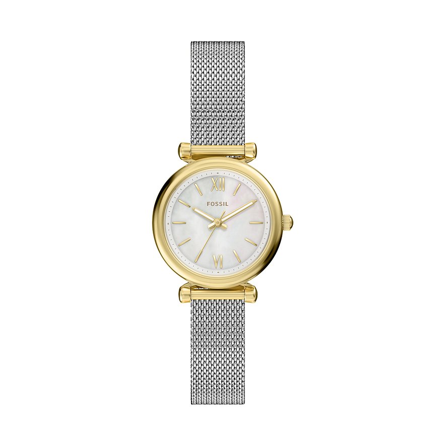 Fossil Damenuhr aus goldfarbenem Edelstahl mit weißem Zifferblatt und silberfarbenem Mesh-Armband, frontale Ansicht