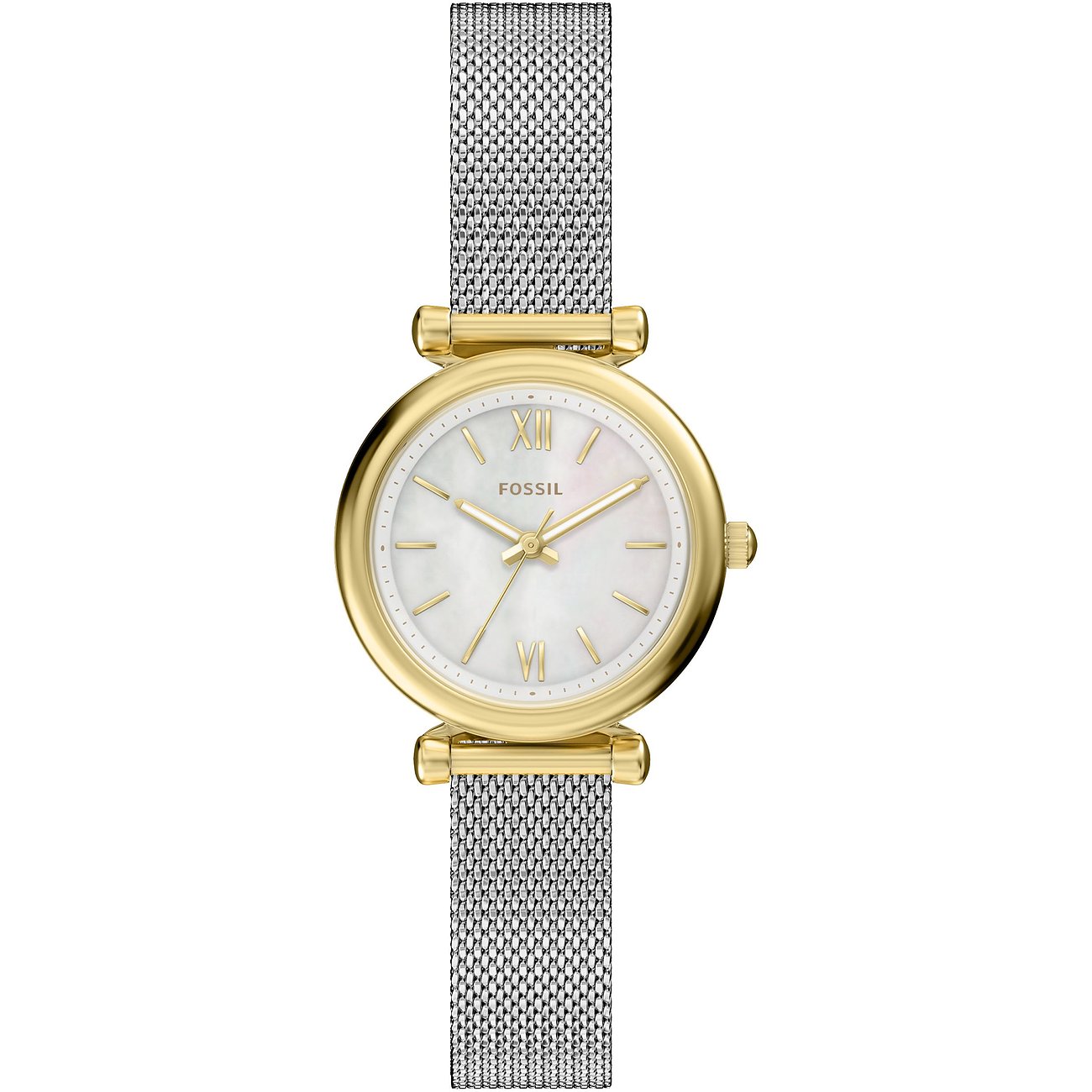 Fossil Damenuhr aus goldfarbenem Edelstahl mit weißem Zifferblatt und silberfarbenem Mesh-Armband, frontale Ansicht
