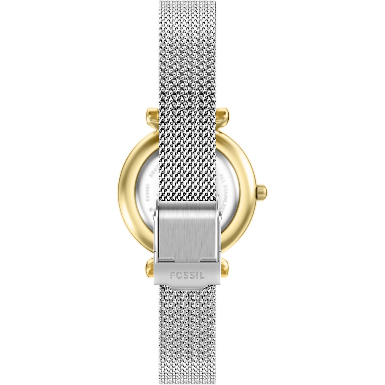 Rückansicht einer Fossil Damenuhr aus goldfarbenem Gehäuse und silbernem Edelstahl-Mesh-Armband mit Fossil-Schriftzug.