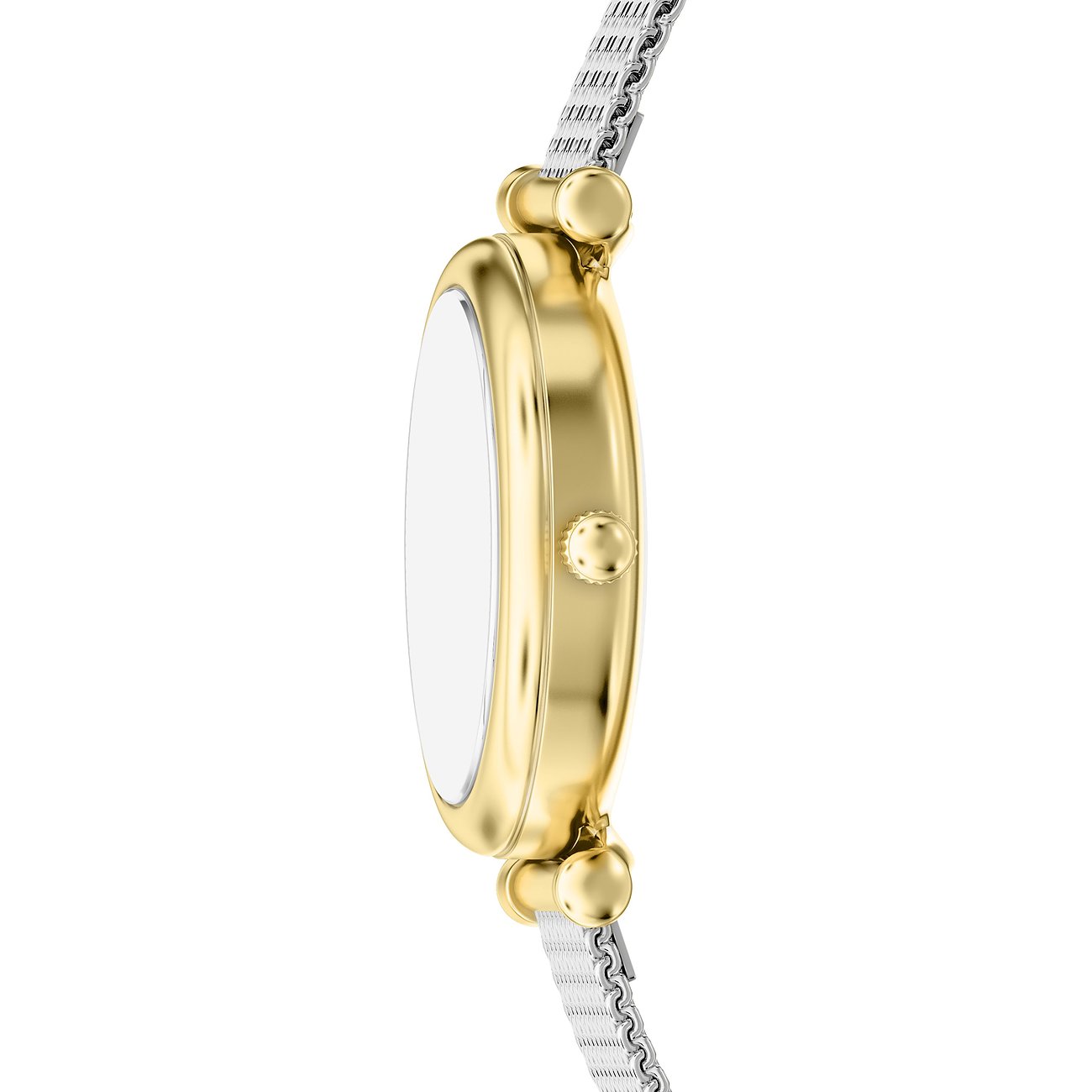 Fossil Damenuhr aus goldfarbenem Edelstahl im Seitenprofil, mit runder Lünette und silberfarbenem Mesh-Armband.
