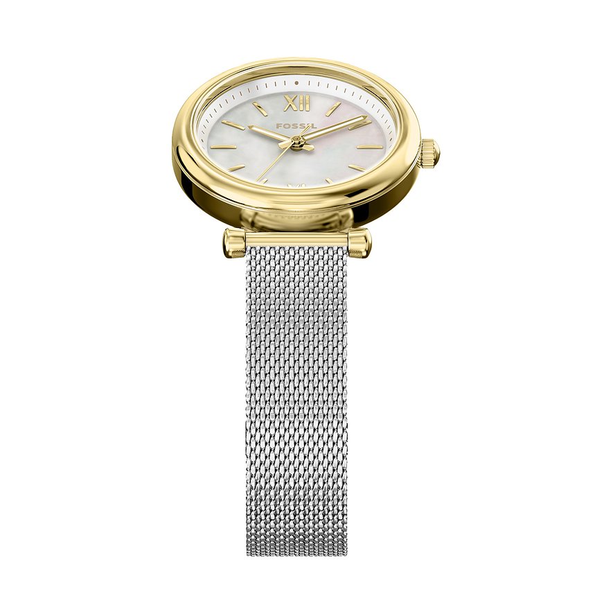 Fossil Damenuhr aus Edelstahl mit goldenem Gehäuse und silbernem Mesh-Armband, das Zifferblatt ist champagnerfarben.