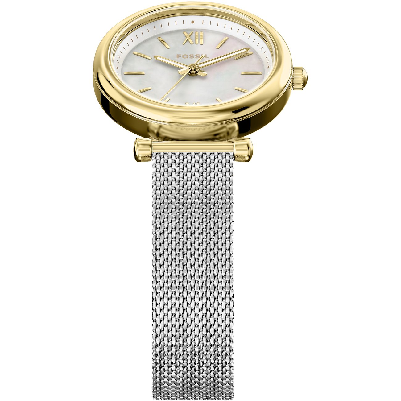 Fossil Damenuhr aus Edelstahl mit goldenem Gehäuse und silbernem Mesh-Armband, das Zifferblatt ist champagnerfarben.