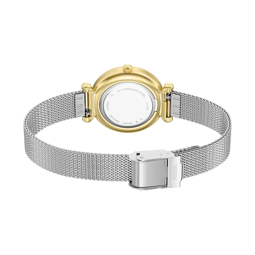 Rückansicht der goldenen Fossil Damenuhr aus Edelstahl mit einem geschlossenen silbernen Mesh-Armband.