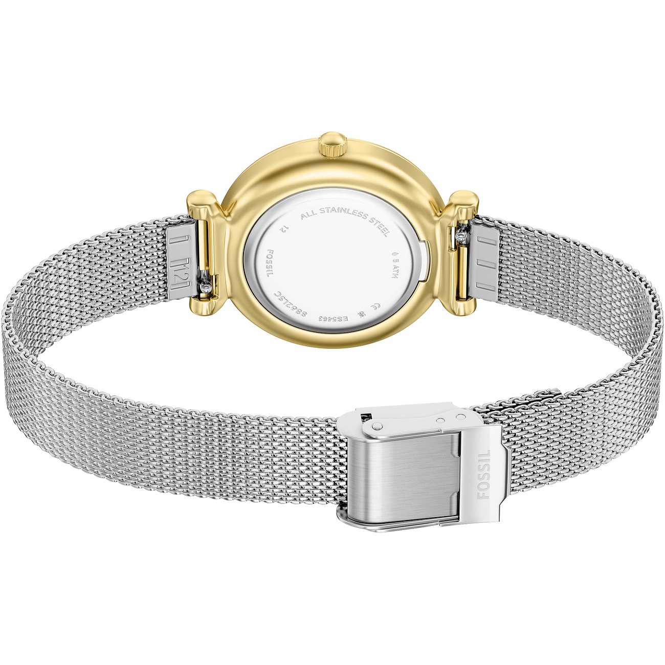Rückansicht der goldenen Fossil Damenuhr aus Edelstahl mit einem geschlossenen silbernen Mesh-Armband.