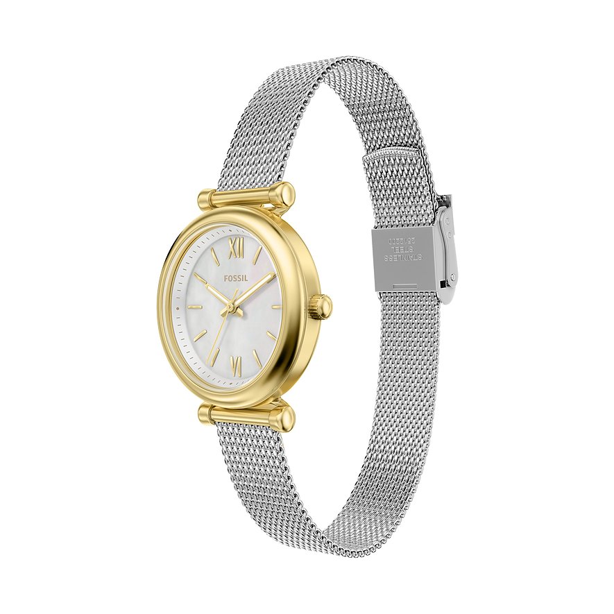 Close-up einer Fossil Damenuhr aus goldfarbenem Edelstahl mit silberfarbenem Mesh-Armband und weißem Zifferblatt.