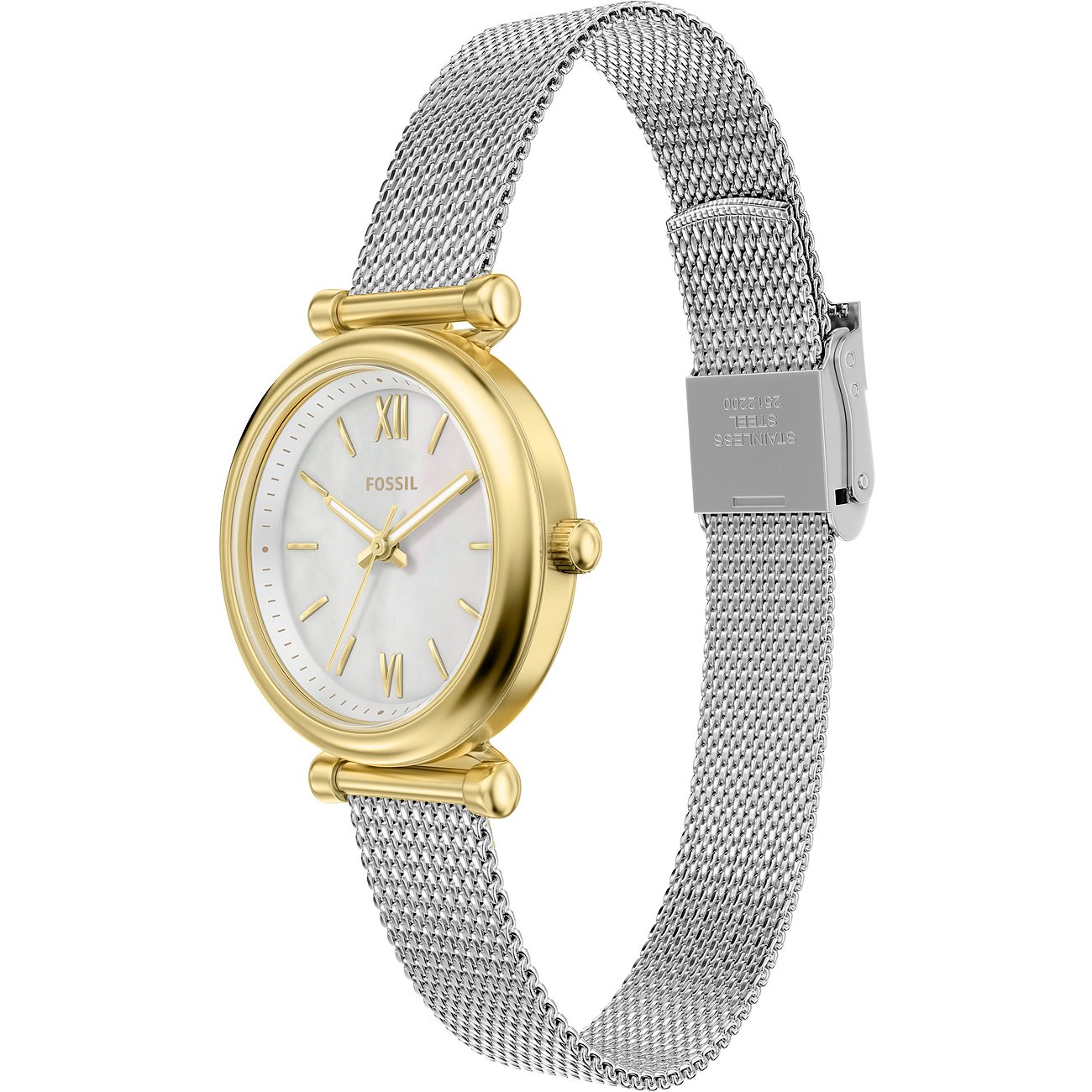 Close-up einer Fossil Damenuhr aus goldfarbenem Edelstahl mit silberfarbenem Mesh-Armband und weißem Zifferblatt.