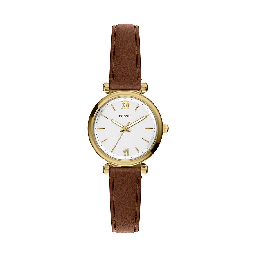 Fossil Damenuhr aus goldfarbenem Edelstahl mit weißem Zifferblatt und braunem Lederarmband, freigestellt.