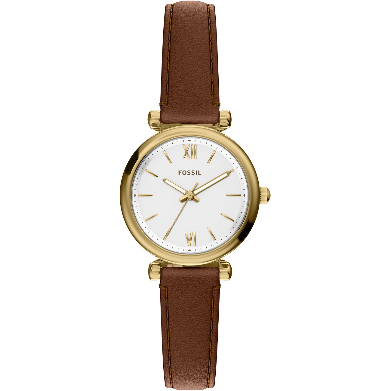 Fossil Damenuhr aus goldfarbenem Edelstahl mit weißem Zifferblatt und braunem Lederarmband, freigestellt.