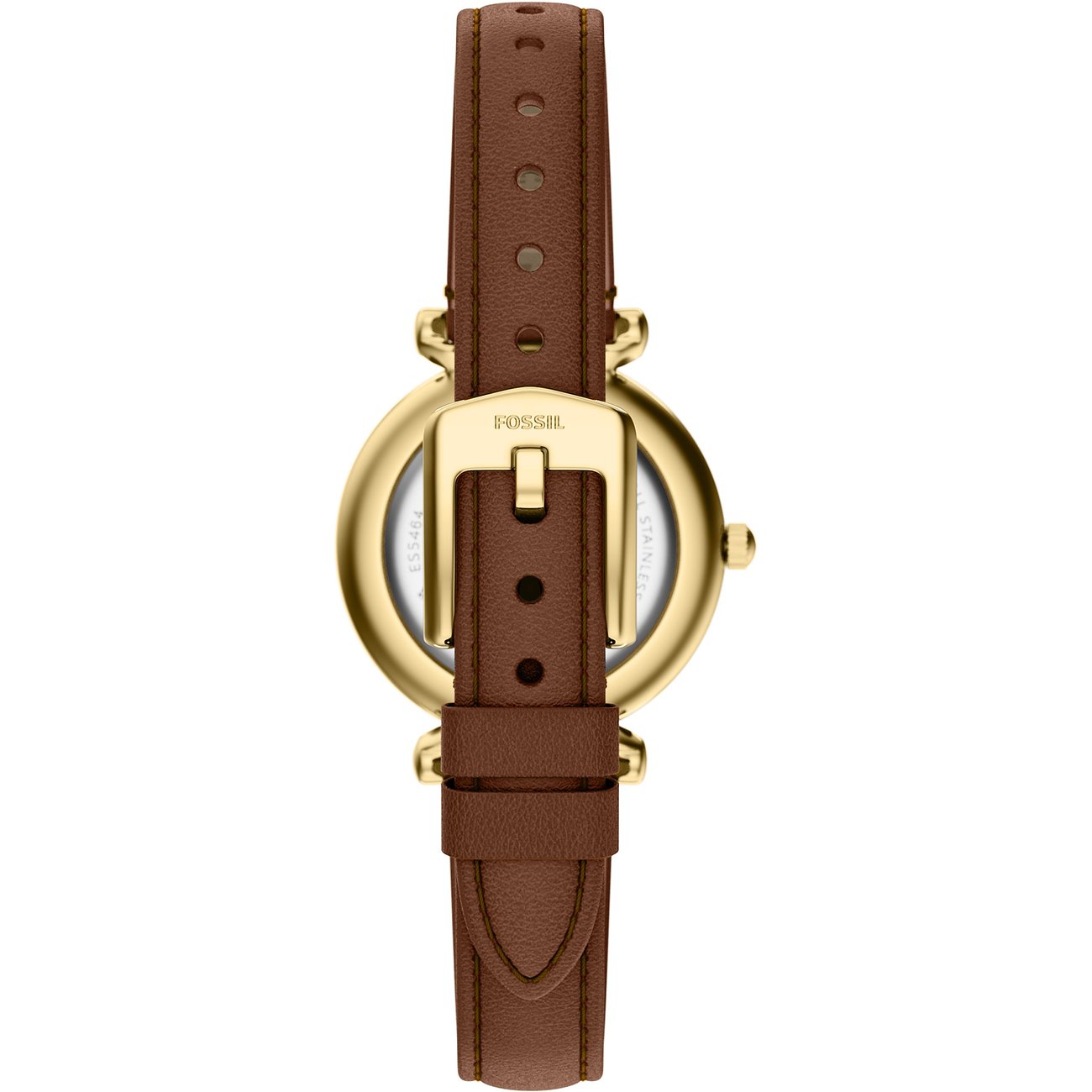 Rückseite einer goldenen Fossil Damenuhr aus Edelstahl mit braunem Lederarmband, die Schnalle ist ebenfalls golden.