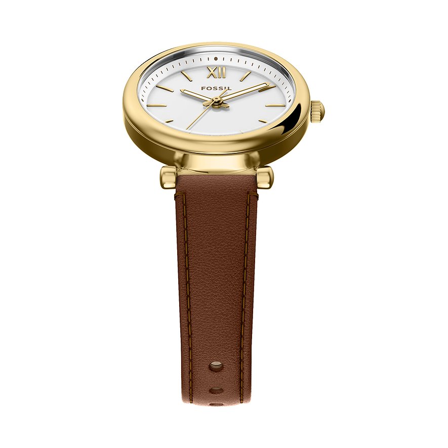 Fossil Damenuhr: Goldfarbenes Edelstahlgehäuse, weißes Zifferblatt mit goldenen Zeigern, braunes Lederarmband. Draufsicht.