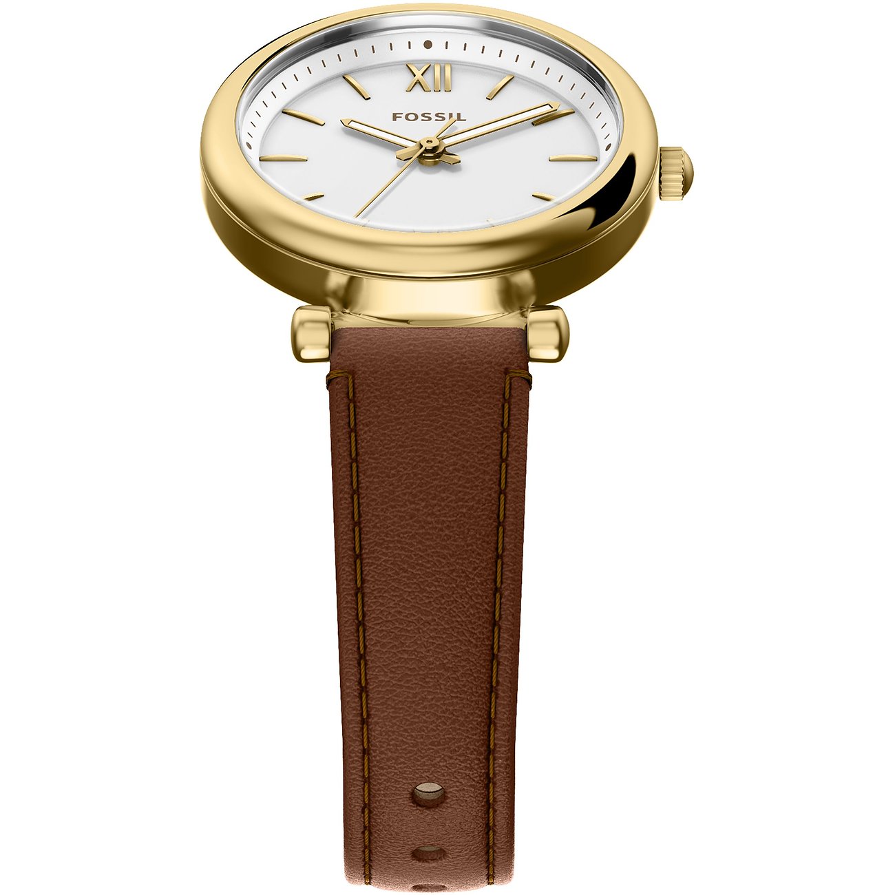 Fossil Damenuhr: Goldfarbenes Edelstahlgehäuse, weißes Zifferblatt mit goldenen Zeigern, braunes Lederarmband. Draufsicht.