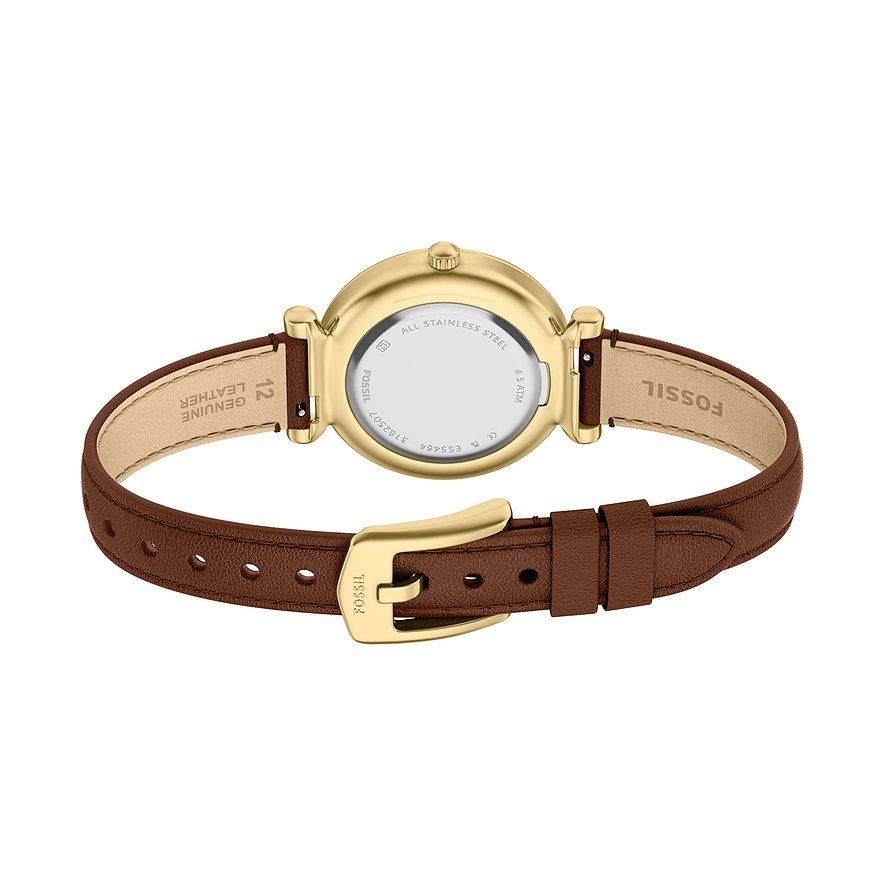 Rückansicht einer Fossil Damenuhr aus goldfarbenem Edelstahl mit dunkelbraunem Lederarmband und goldener Schnalle.