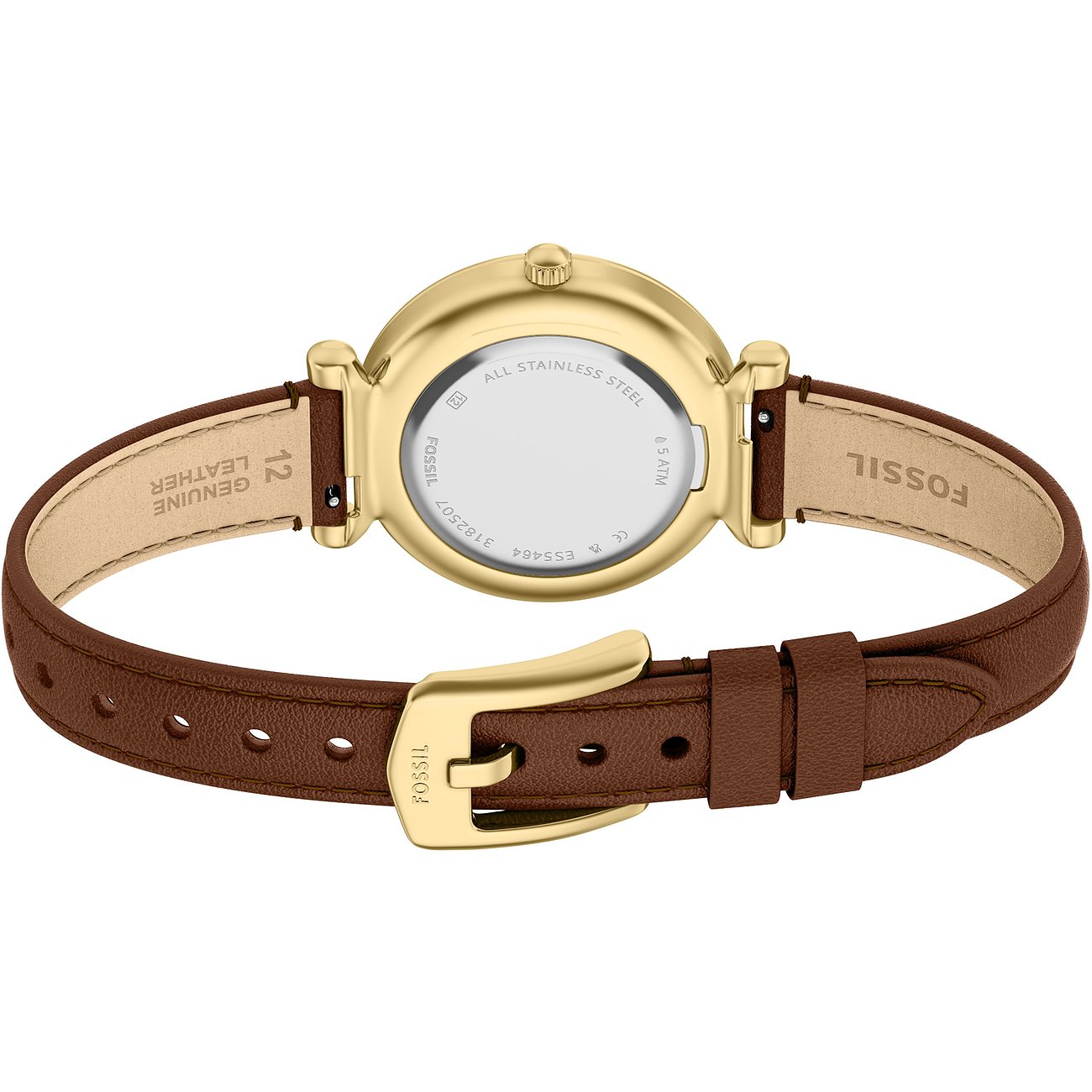 Rückansicht einer Fossil Damenuhr aus goldfarbenem Edelstahl mit dunkelbraunem Lederarmband und goldener Schnalle.