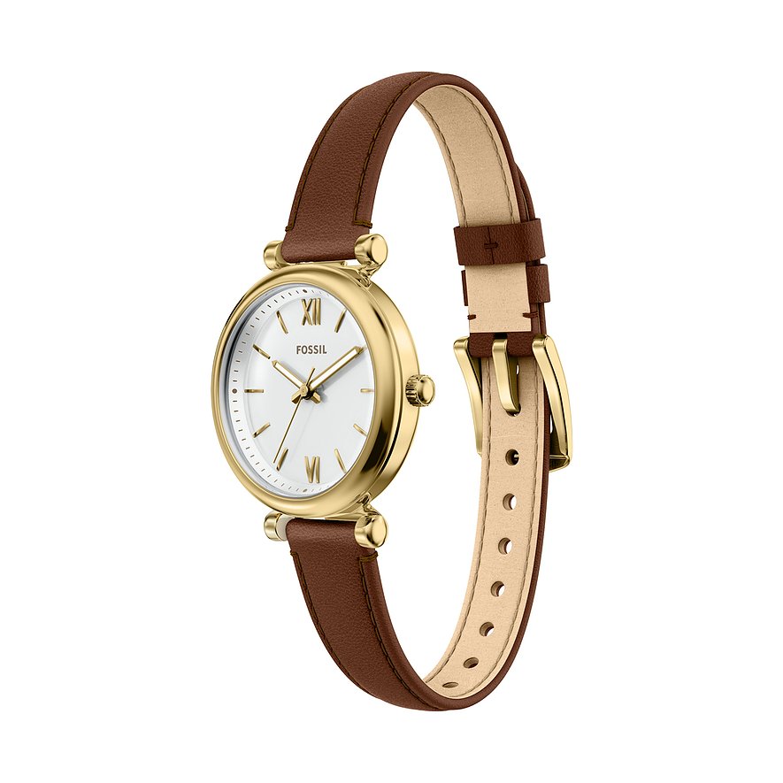 Eine nah aufgenommene Fossil Damenuhr aus goldfarbenem Edelstahl mit weißem Zifferblatt und braunem Lederarmband.