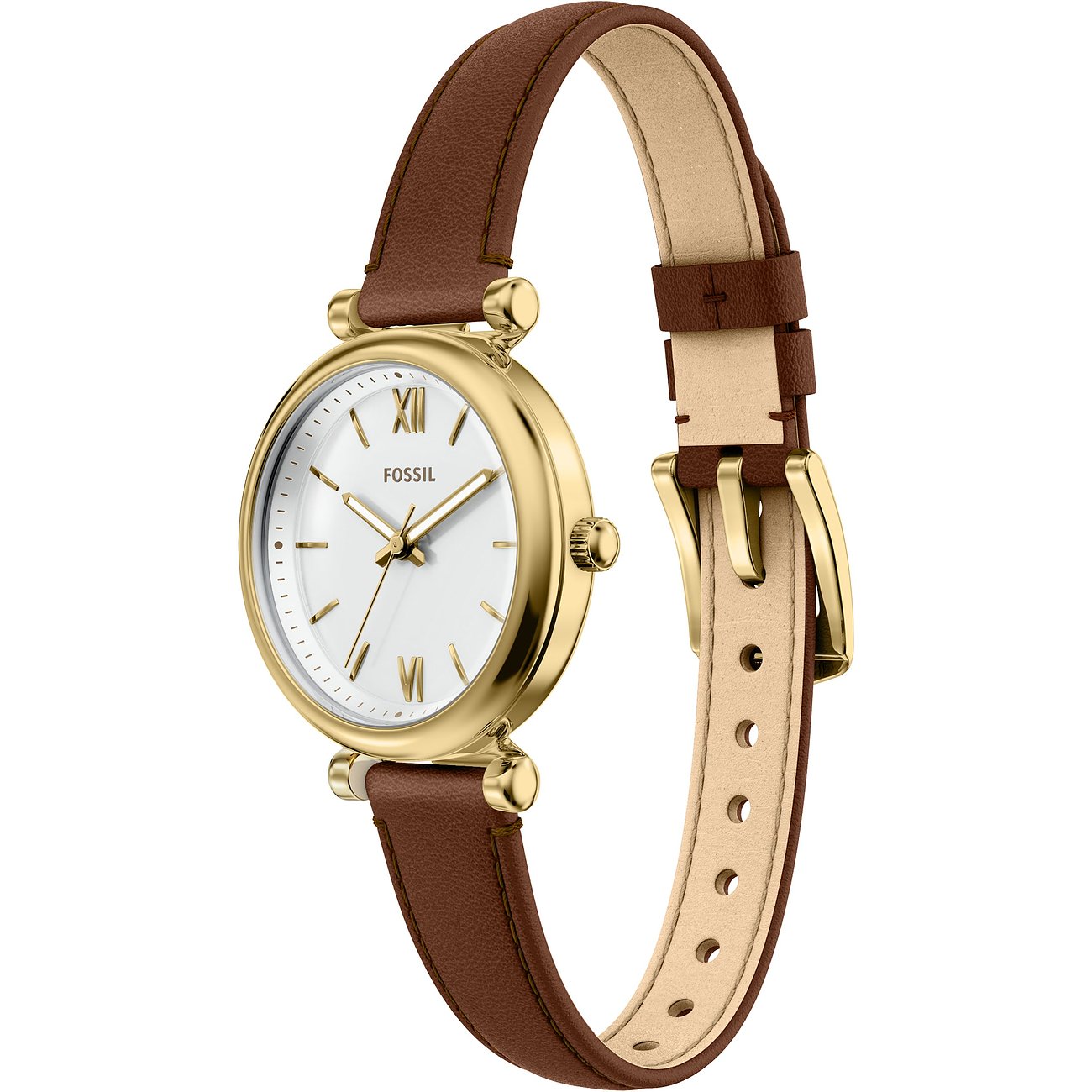 Eine nah aufgenommene Fossil Damenuhr aus goldfarbenem Edelstahl mit weißem Zifferblatt und braunem Lederarmband.