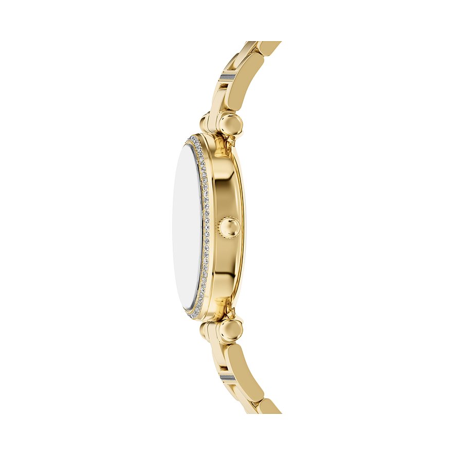 Sidebillede af et guld Fossil dameur i rustfrit stål med glitrende smykkesten rundt om urkransen.