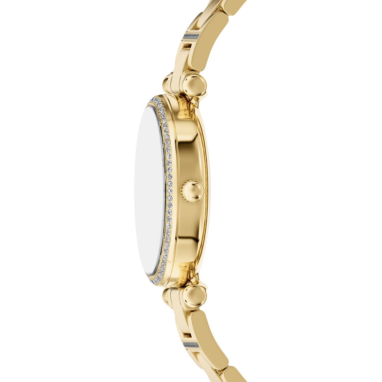 Sidebillede af et guld Fossil dameur i rustfrit stål med glitrende smykkesten rundt om urkransen.