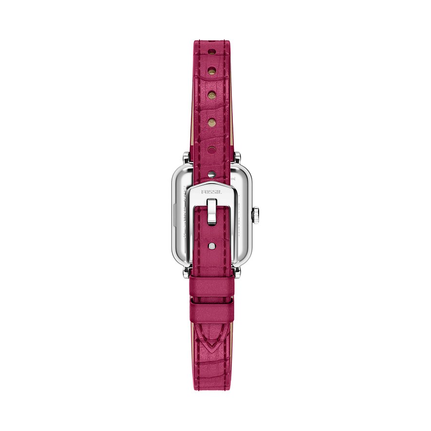 Rückansicht einer Fossil Damenuhr aus Edelstahl mit einem leuchtend magentafarbenen, strukturierten Lederarmband.