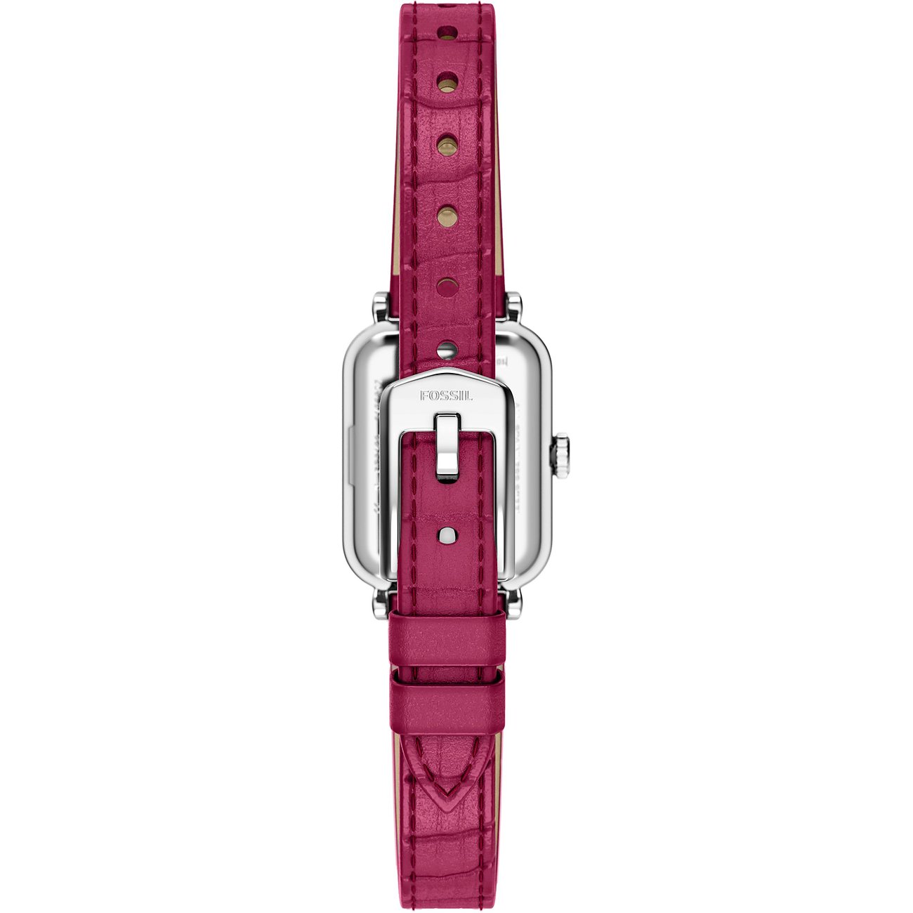 Rückansicht einer Fossil Damenuhr aus Edelstahl mit einem leuchtend magentafarbenen, strukturierten Lederarmband.