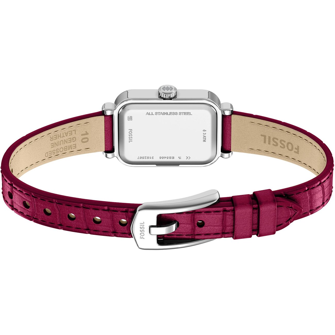 Rückansicht einer rechteckigen Fossil Damenuhr aus Edelstahl mit krokodilgeprägtem weinroten Lederarmband und Dornschließe.