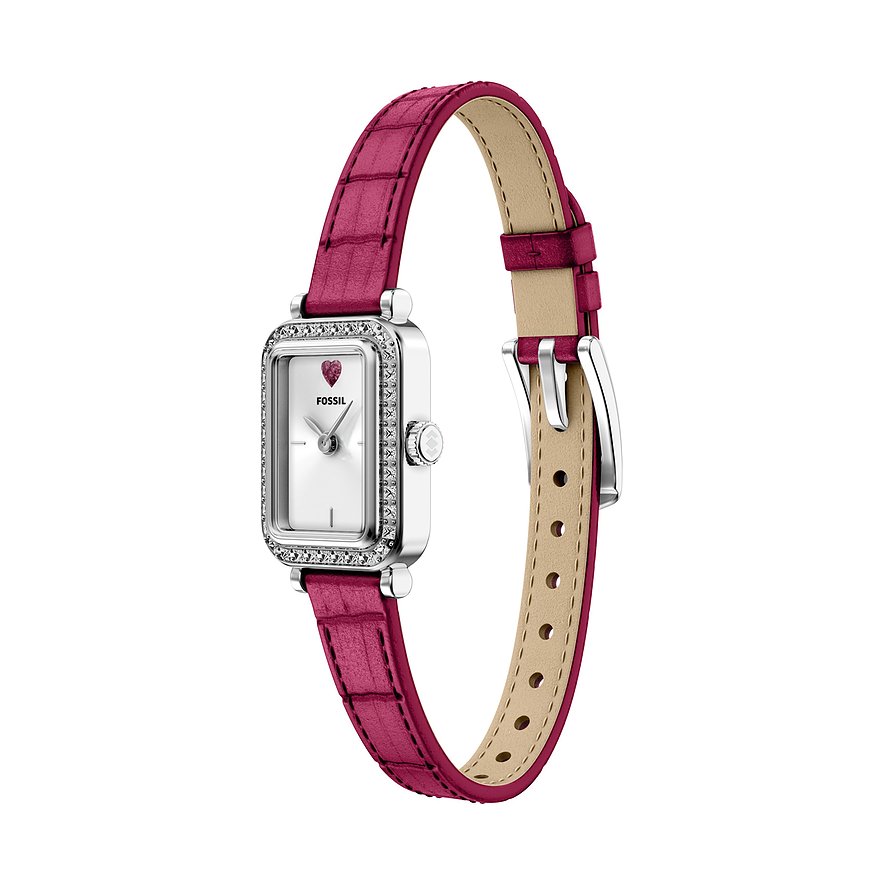 Fossil Damenuhr aus Edelstahl mit rechteckigem Zifferblatt und fuchsiafarbenem, krokodilgeprägtem Lederarmband.