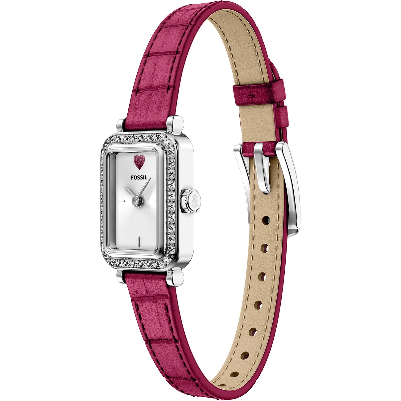 Fossil Damenuhr aus Edelstahl mit rechteckigem Zifferblatt und fuchsiafarbenem, krokodilgeprägtem Lederarmband.