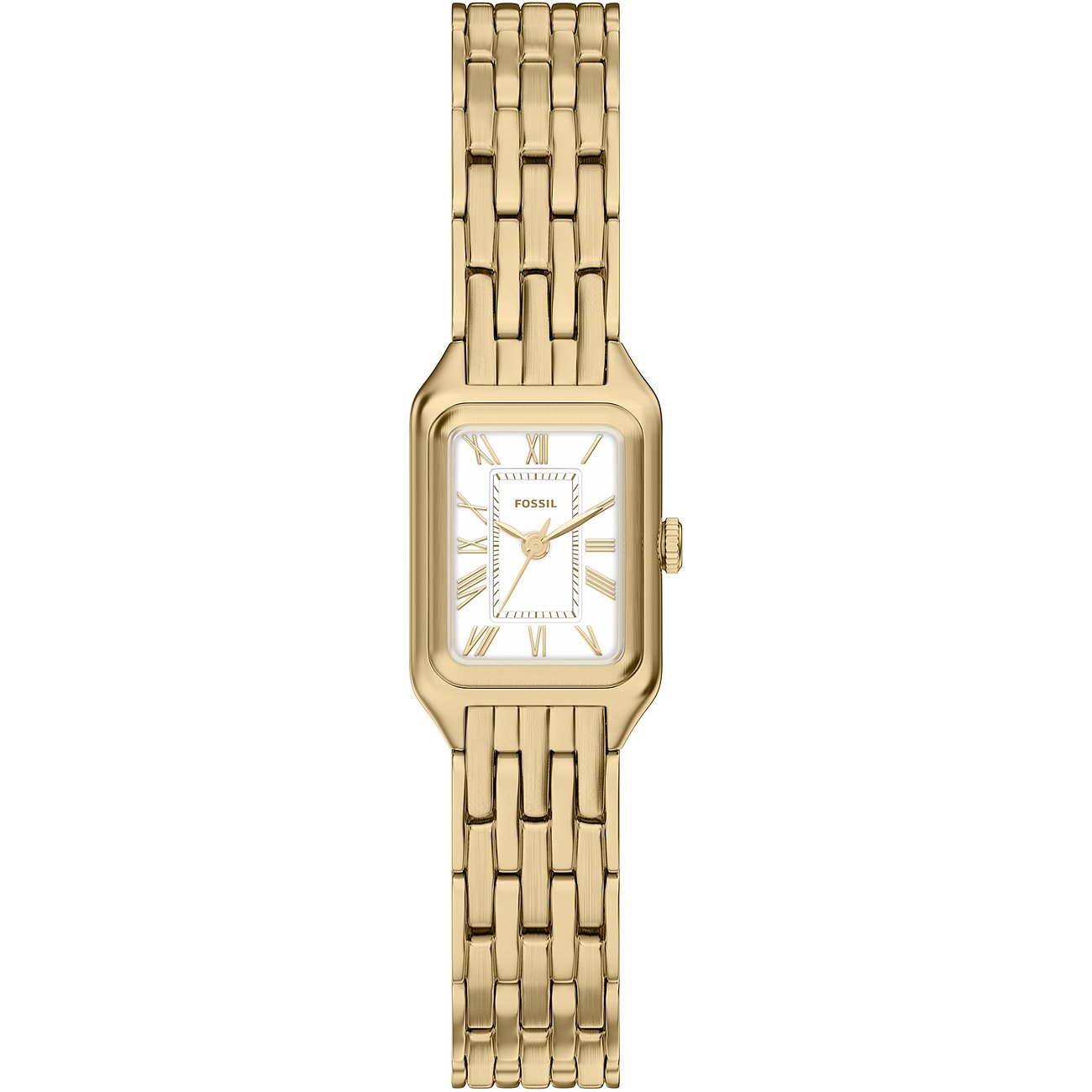 Diese Fossil Damenuhr aus gelbgoldenem Edelstahl hat ein rechteckiges Gehäuse mit analogem Zifferblatt.