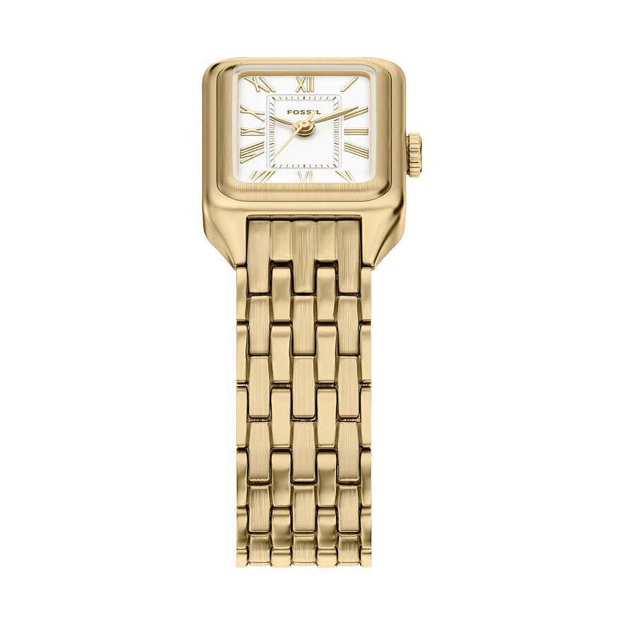 Eine rechteckige Fossil Damenuhr aus goldfarbenem Edelstahl mit weißem Ziffernblatt und römischen Ziffern.