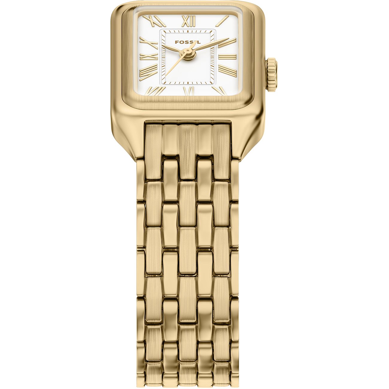 Eine rechteckige Fossil Damenuhr aus goldfarbenem Edelstahl mit weißem Ziffernblatt und römischen Ziffern.