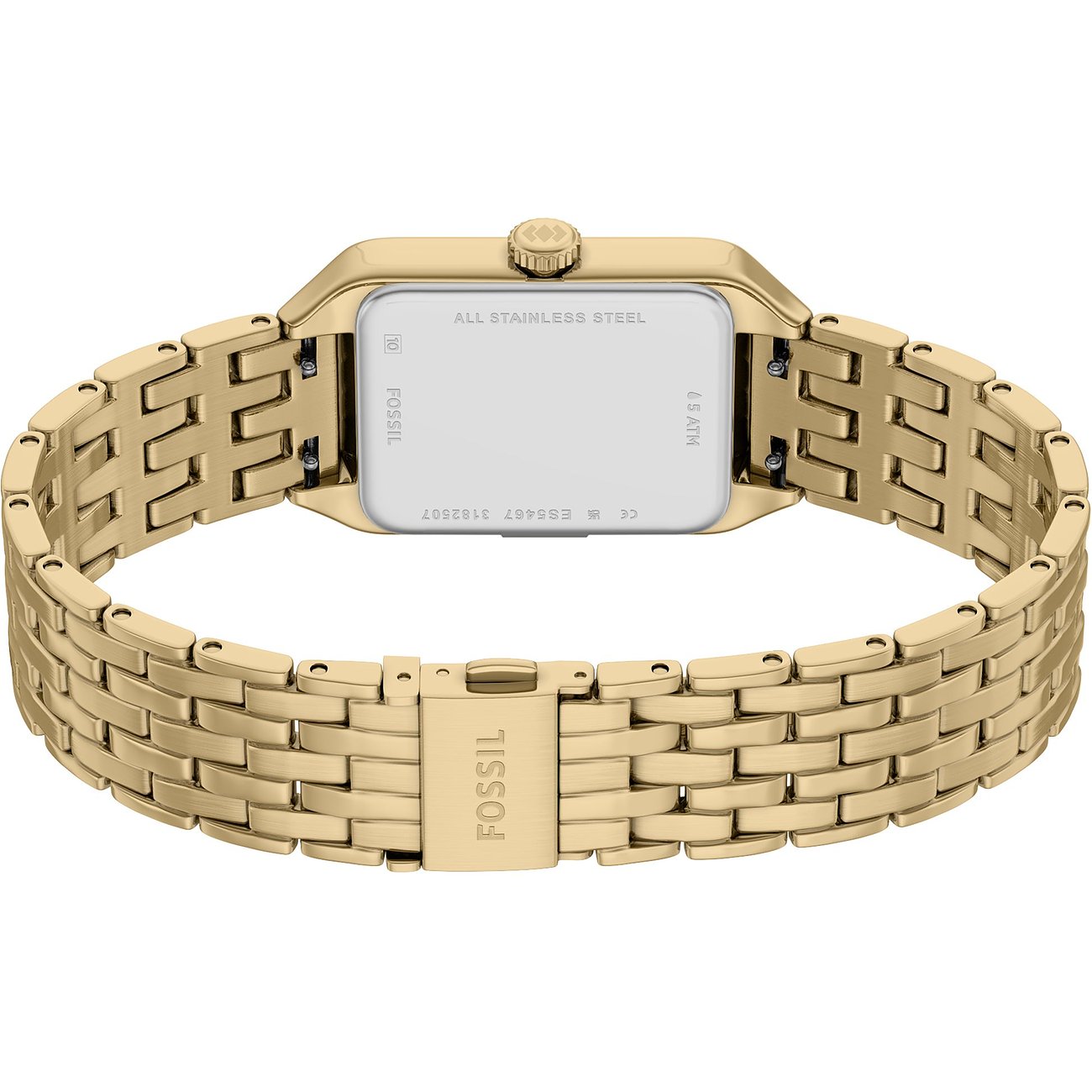 Rückansicht der goldenen Fossil Damenuhr aus Edelstahl mit rechteckigem Gehäuse und verziertem Uhrenband