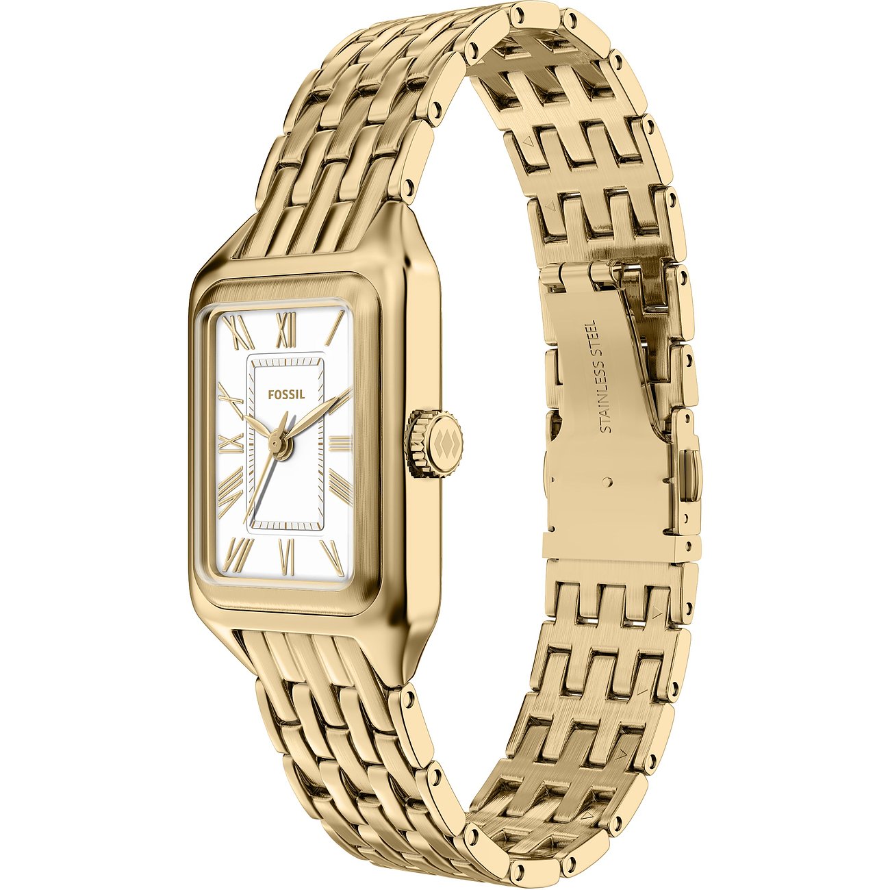 Fossil Damenuhr aus goldfarbenem Edelstahl, rechteckiges Gehäuse, weißes Zifferblatt mit römischen Ziffern.