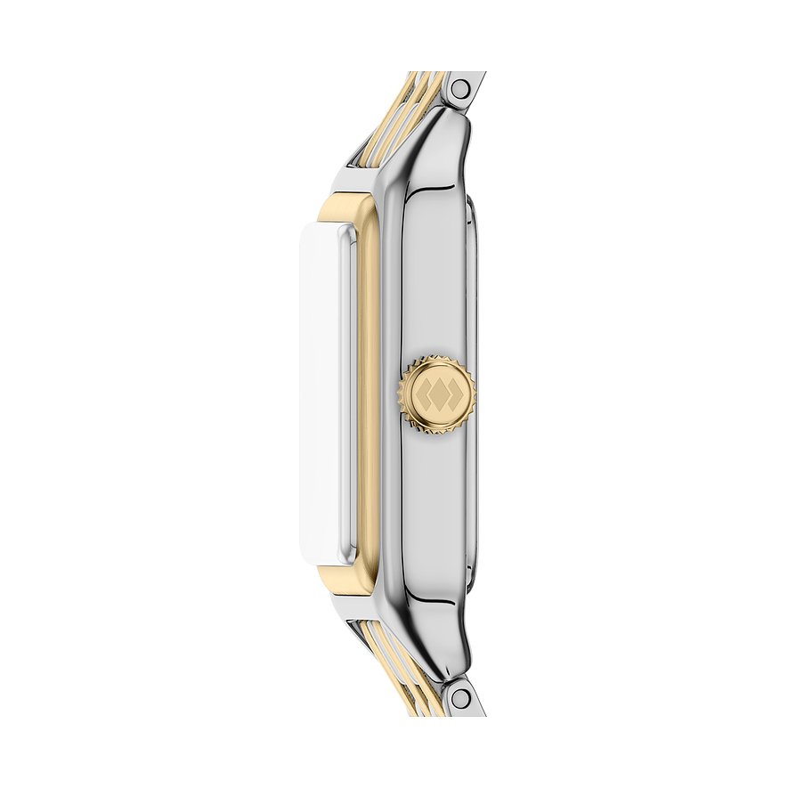 Seitenansicht der Fossil Damenuhr aus Edelstahl im Zwei-Ton-Design in Silber und Gold.