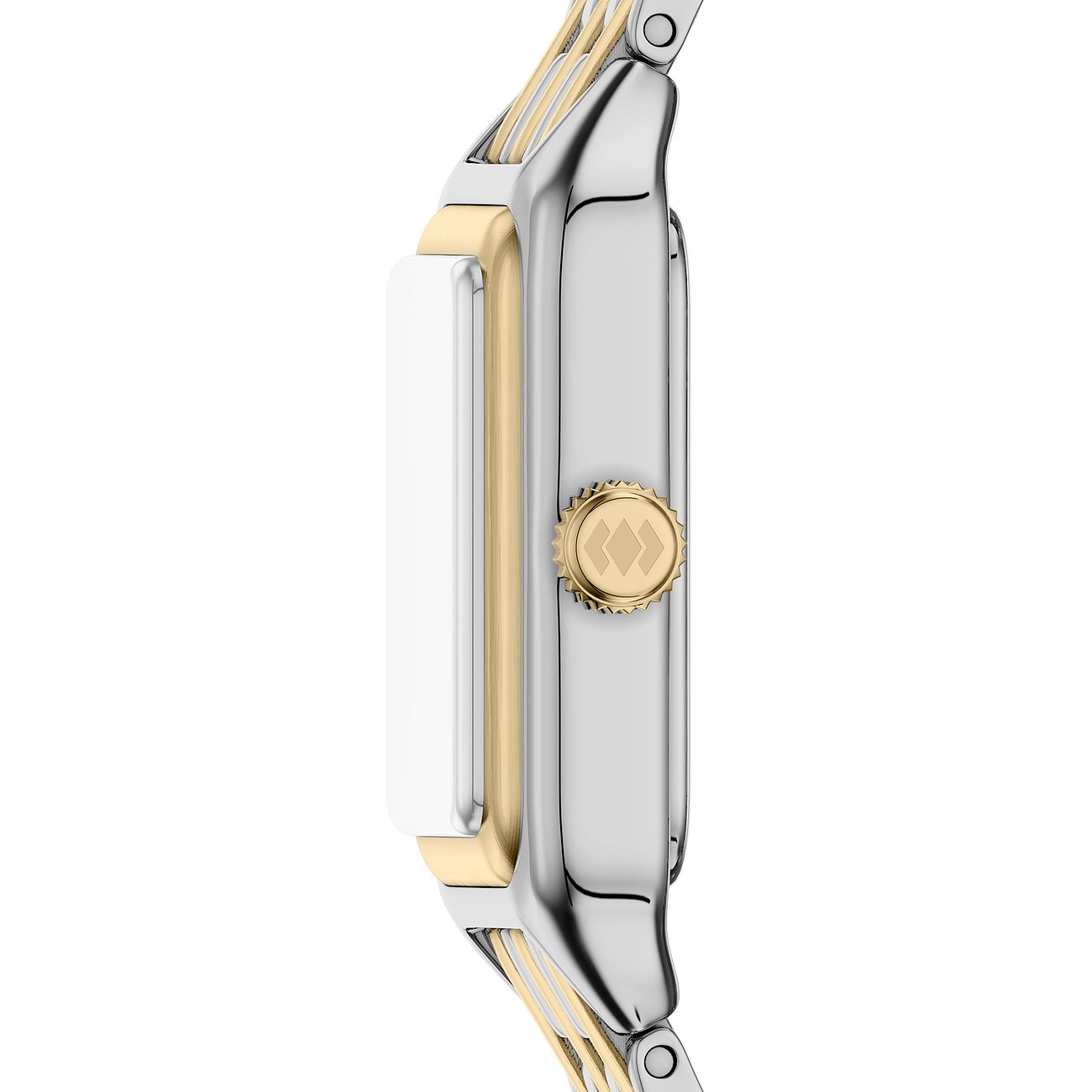 Seitenansicht der Fossil Damenuhr aus Edelstahl im Zwei-Ton-Design in Silber und Gold.