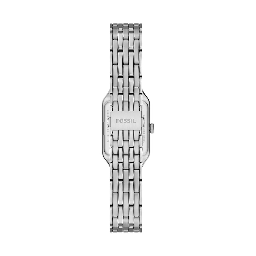 Rückansicht der silberfarbenen Fossil Damenuhr aus Edelstahl mit rechteckigem Gehäuse und Gliederarmband.