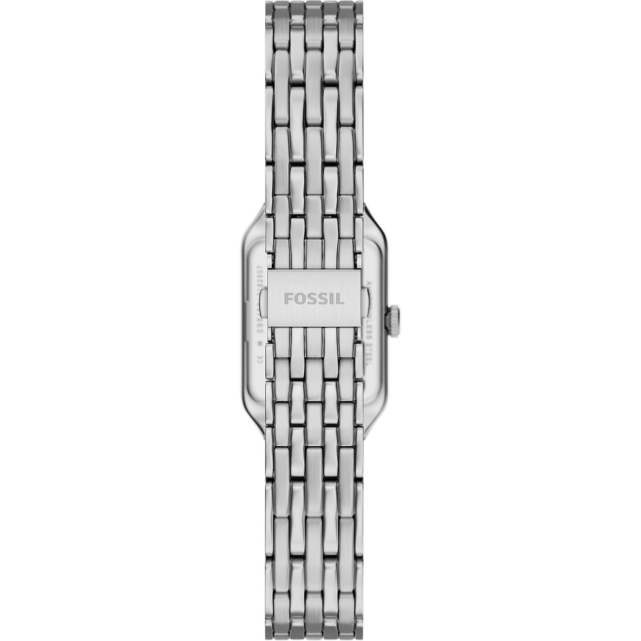 Rückansicht der silberfarbenen Fossil Damenuhr aus Edelstahl mit rechteckigem Gehäuse und Gliederarmband.