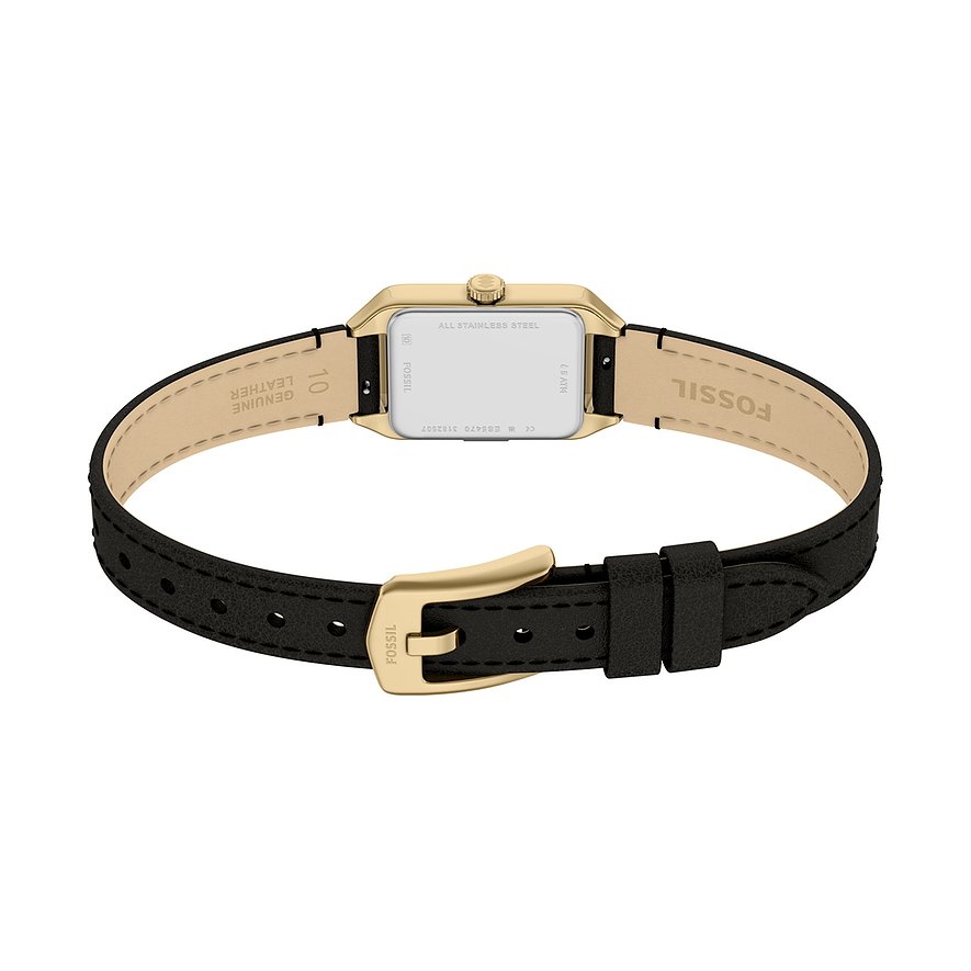 Rückansicht der rechteckigen Damenuhr von Fossil aus goldfarbenem Edelstahl mit schwarzem Lederarmband.