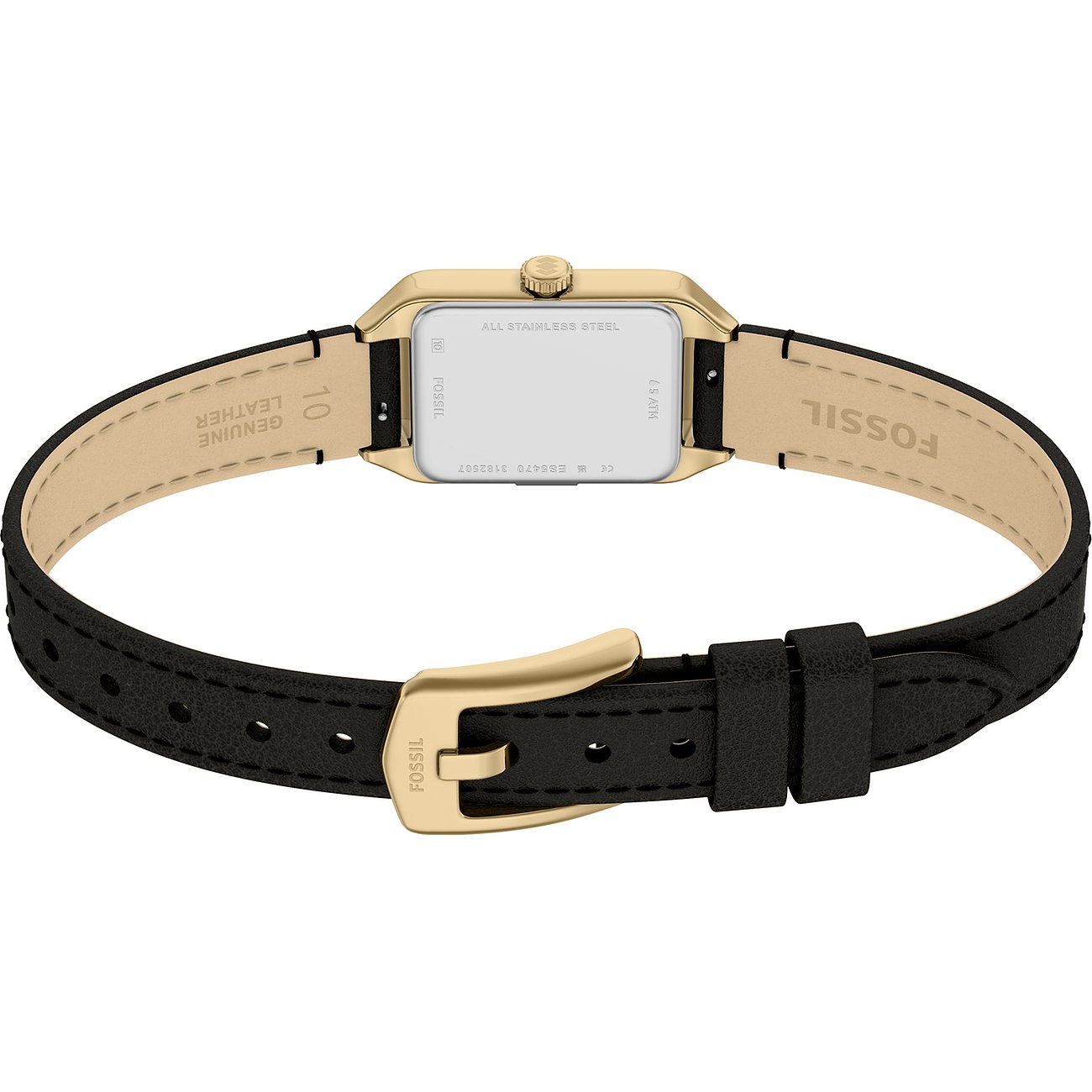 Rückansicht der rechteckigen Damenuhr von Fossil aus goldfarbenem Edelstahl mit schwarzem Lederarmband.
