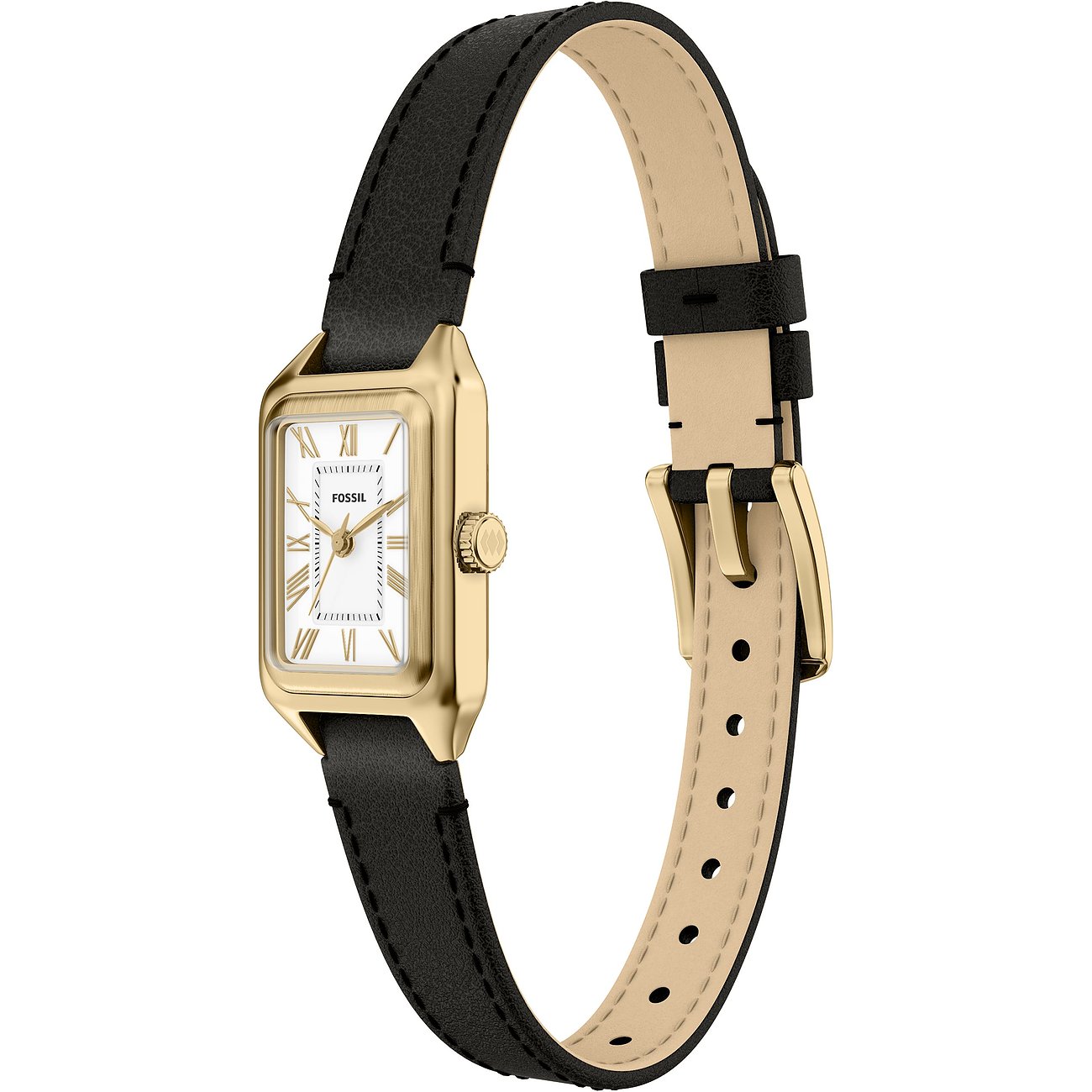 Eine rechteckige Fossil Damenuhr aus goldfarbenem Edelstahl mit weißem Zifferblatt und schwarzem Lederband.