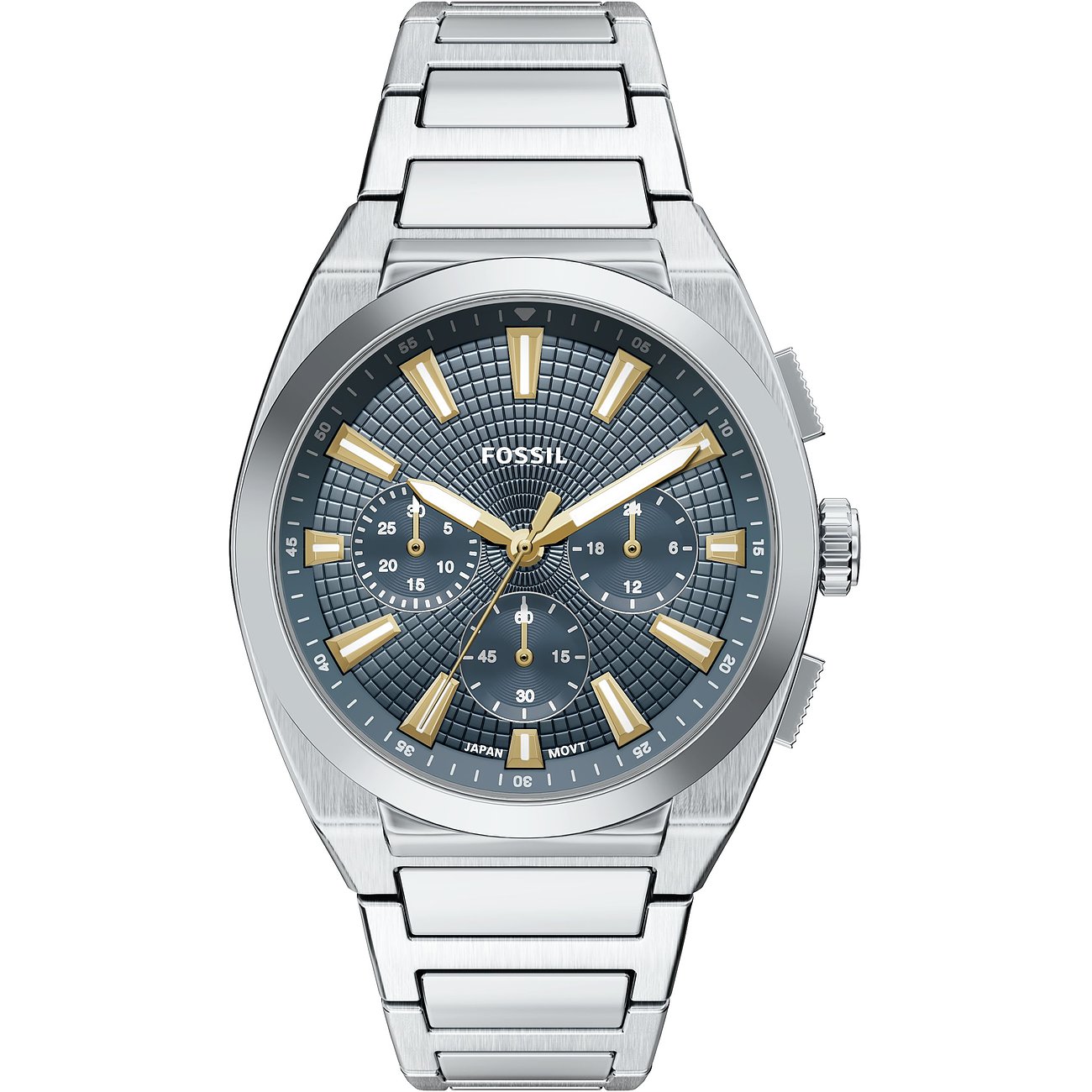 Fossil Herrenuhr aus Edelstahl mit Chronographenfunktion, blaugrauem Zifferblatt und goldfarbenen Akzenten.