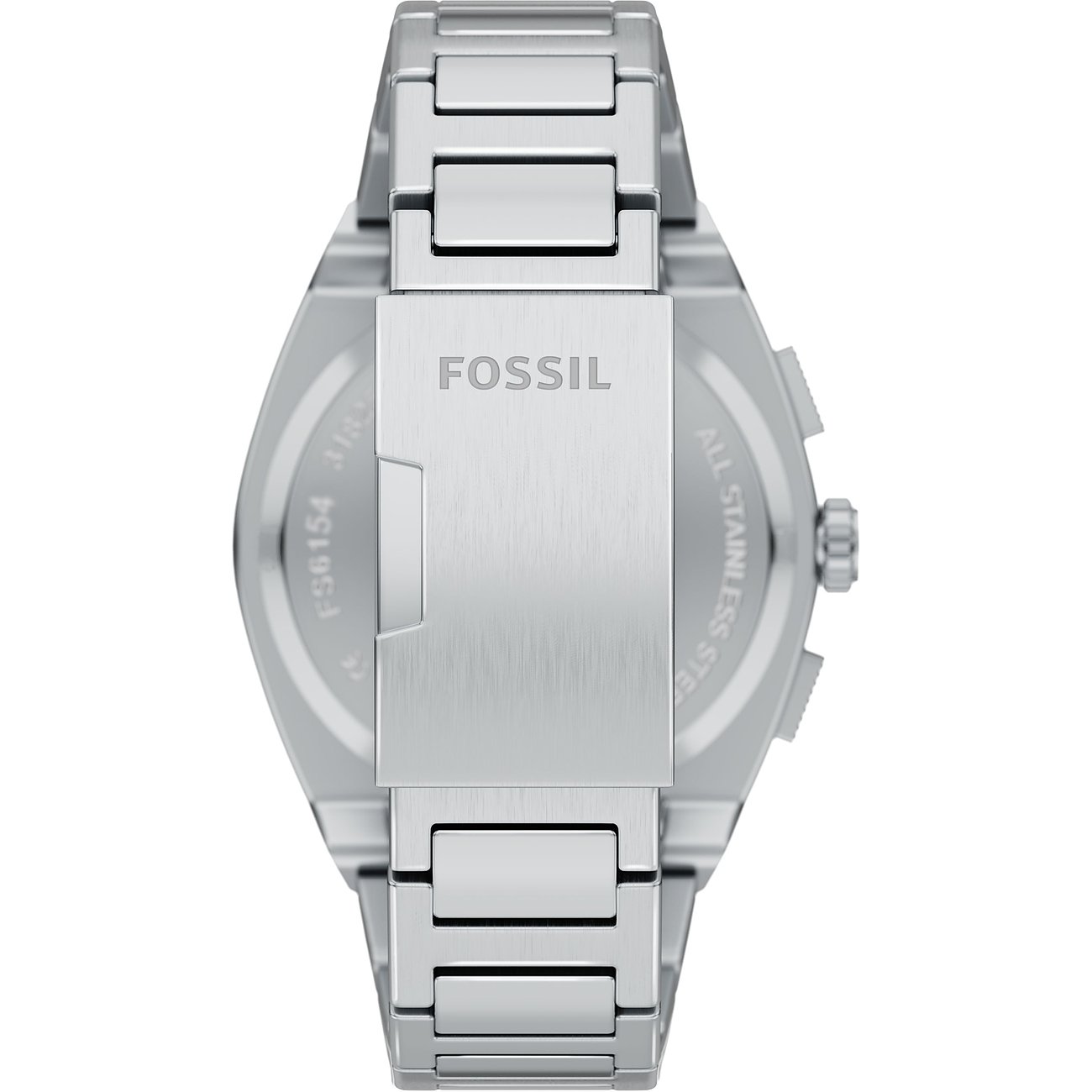 Rückansicht der Fossil Herrenuhr aus Edelstahl, mit Fokus auf den Verschluss und das Gehäuse mit Gravuren.