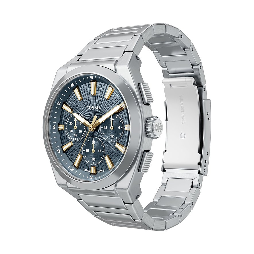 Die Fossil Herrenuhr aus Edelstahl zeigt ein dunkelgraues Zifferblatt mit goldenen Akzenten und drei Chronographen.